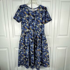 Lularoe Amelia Women's Dress Mixed Media Geometric Print Blue Size Large